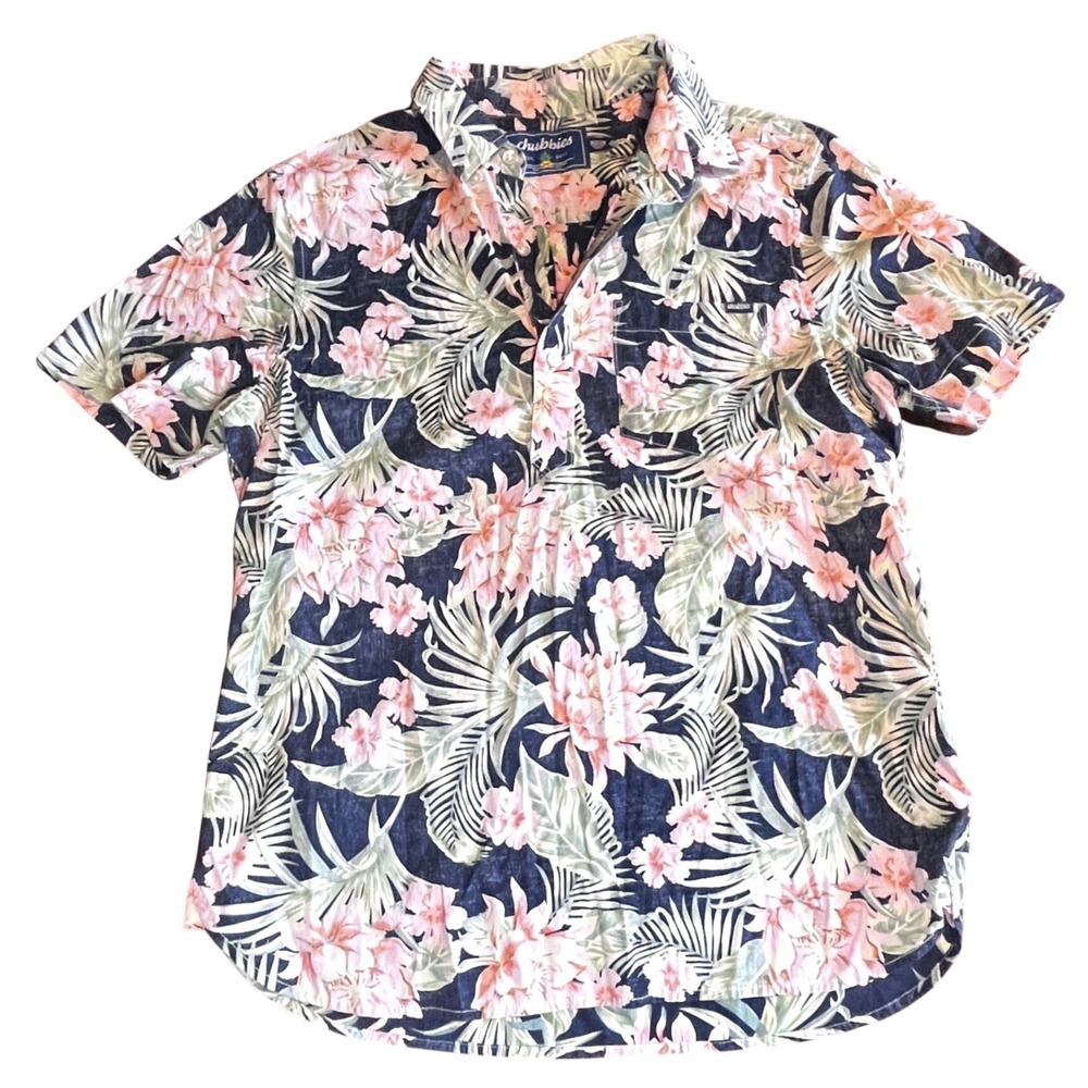 Chubbies Mens Medium Blue Tropical Hibiscus Floral Short Sleeve Button Shirt